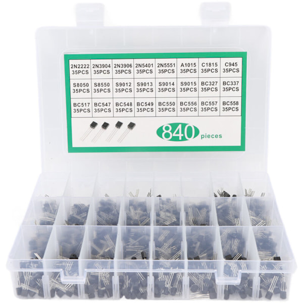 Sett med transistorer for generell bruk, 840 stk, BC337 BC549 A1015, Trioder dioder med 24 NPN-verdier PNP