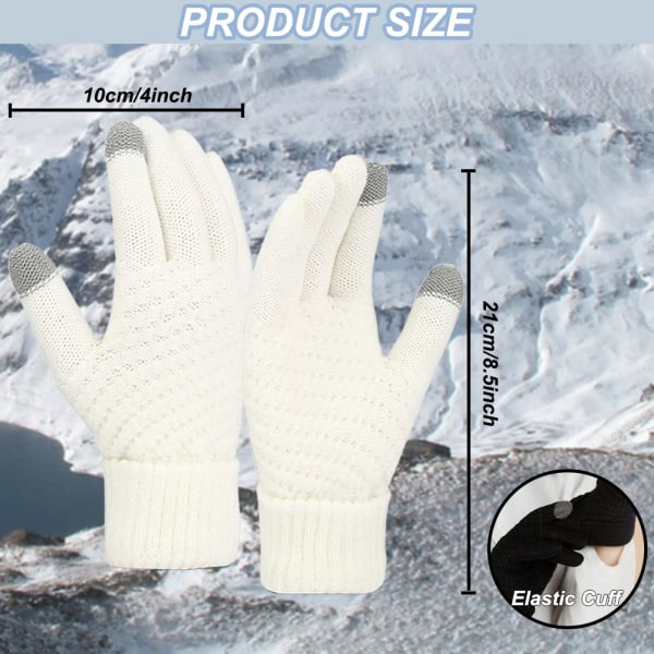 Dame Vinterhansker Touch Screen Termisk Ull Fleece Fôret Strikkede Hansker, Touch Screen Elastiske Mansjetter Teksting Termiske Hansker (Hvit)
