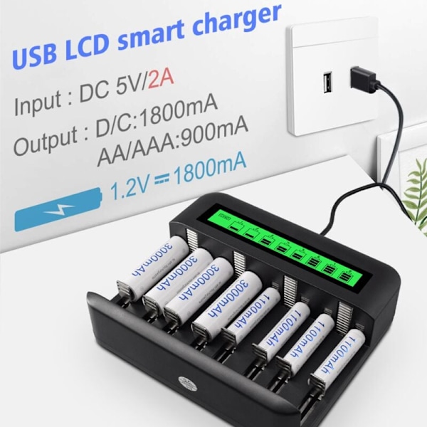 LCD universal batterioplader med 8 pladser og USB-port