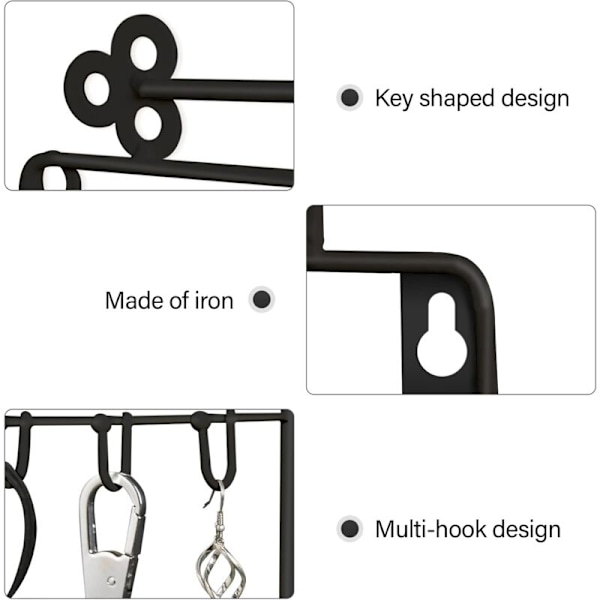 Metallnyckelskåp för vägg, med 11 funktionella nyckelkrokar, dekorativ nyckelring för vägg, för entré, garderob, skrivbord, sovrum (svart)