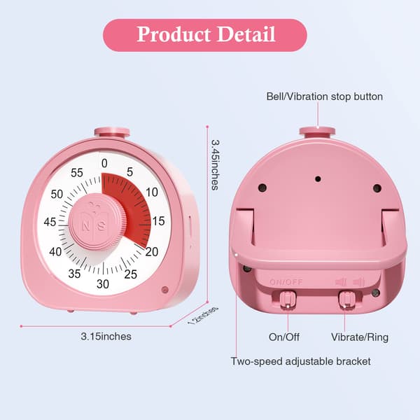 Gjenladbar visuell timer, timer med ringetone og vibrasjonsmodus, 60 minutters nedtellingstimer, barnetimer, visuell timer for barns læring, kjøkken (Pi