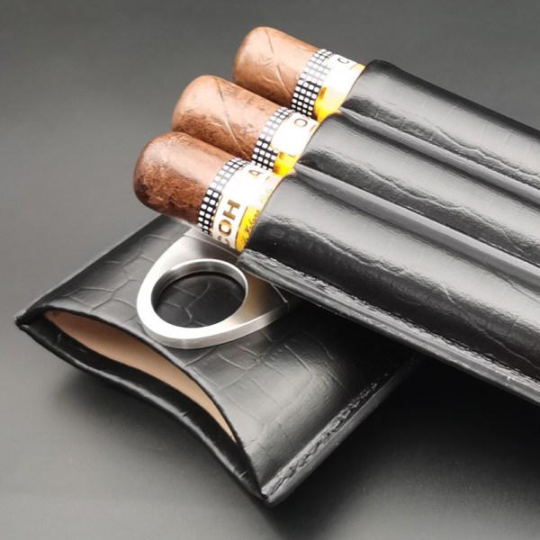2 stk. Sort Læder Cigar Etui Rejse Humidor til 3 Cigarer med Cigarskærer
