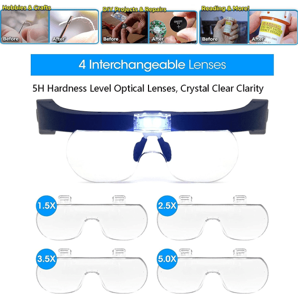 Hodeforstørrelsesglass med 2 LED-lys, håndfri USB-oppladbare LED-forstørrelsesbriller for hobbyer, lesing, håndverk, 4 avtakbare linser