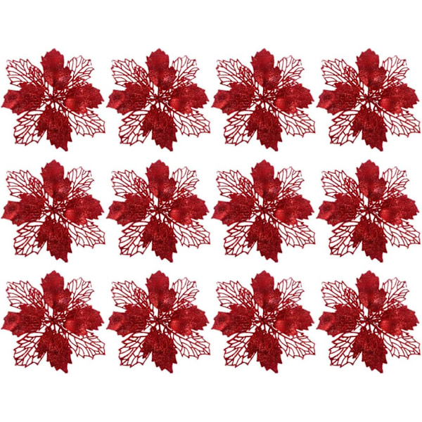 12 stk Glitrende julestjerne-ornamenter, juletrepynt, kunstige blomster, juletregirlander, juledekor, rød