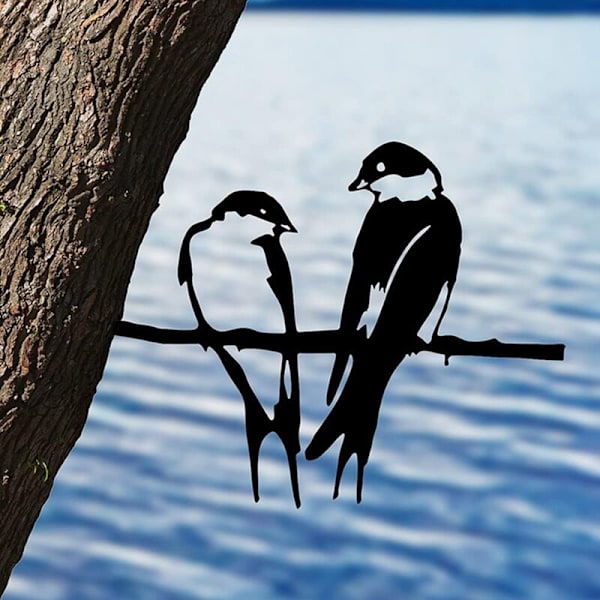 Silhouette Doiseau, 2 fugle på metalgren, kunst have dekoration, sort