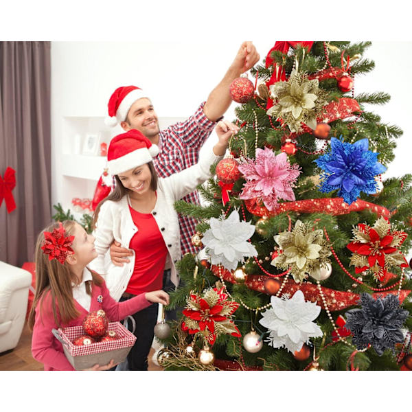 10 stk Kunstige Julerosa Juleblomsterdekorasjoner med Klips og Stilker Glitter Julerosa Dekorasjoner for Juletrepynt