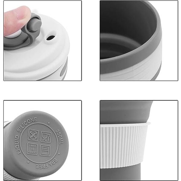 Hopfällbar kopp silikon 350ml (grå) kaffekopp resemugg återanvändbar isolering campingmugg isoleringsmugg med lock hopfällbar läcksäker bärbar hopfällbar