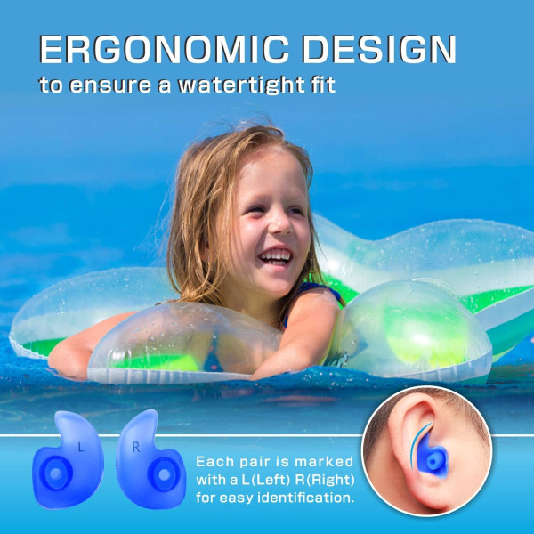 Svømmeørepropper, 2 par gjenbrukbare vanntett silikon øreplugger
