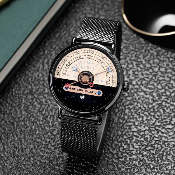 Herr Unik Mode Stjärna Måne Koncept Quartz Analog Klocka Kreativ Halv Roulette Tid Display Klocka Rostfritt Stål Mesh Bälte Klocka(silver)