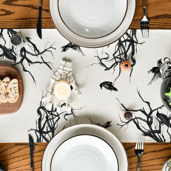 Halloween duk med kråkemønster, borddekorasjon i lin, bordløper