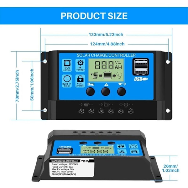 30A 12V/24V Intelligent PWM Solpanel Batteri Regulator Laddningskontroller med 5V Dubbel USB-port LCD-display för Bly-syra Batterier