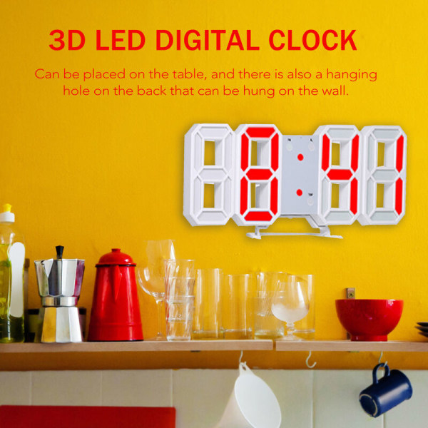 3D LED elektronisk digital klocka bordsklocka väckarklocka lysande väggklocka, vitt skal blå display - vitt skal blå display