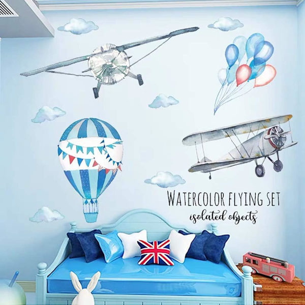 - akvarell veggklistremer gutt FLY og BALLONG blå (50*70 cm) I plakat varmluftsballong skyer dekorative klistremer I veggklistremer for barn
