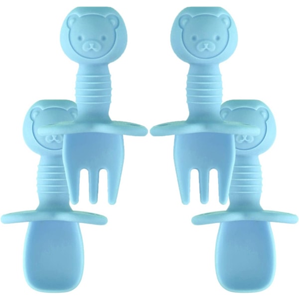 Självmatande babybestick (2-pack) - Baby sked gaffel set - Tuggbara avvänjnings silikonbestick för baby avvänjningsstadium 1 (6+ månader)