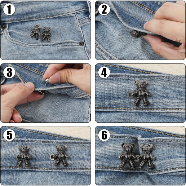 6 par justerbare jeans-knapnåle (mørkegrå), sød bjørneje