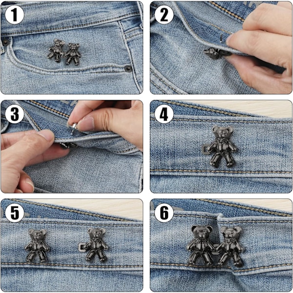 6 par justerbare jeans knapnåle (mørkegrå), søde bjørne jeans knapper til løse bukser clip pins, nederdele til jeans justerbar bælteforlænger wa