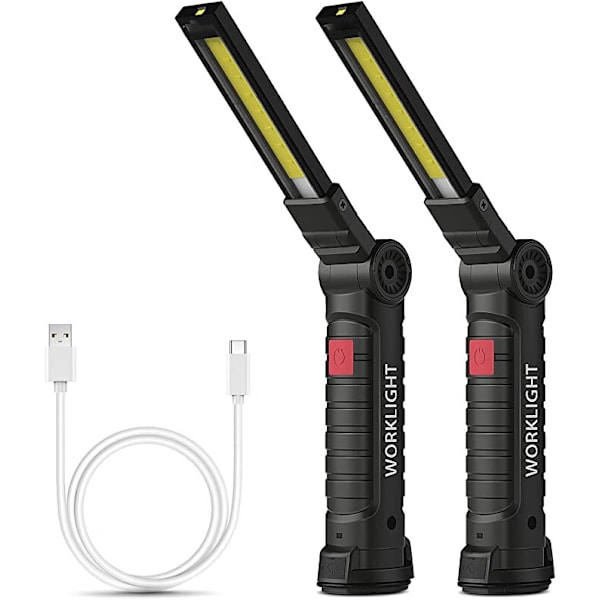 (Stor, 2 stk.) Genopladelig arbejdslampe Værkstedslampe COB lommelygte med magnetisk bund 5 tilstande Hvidt/rødt lys Campinglampe til garage, lejr