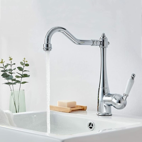Elegant Köksblandare Diskho Mixer Kran Hög Pip 360° Rotation Retro Krom Mässing Köksblandare