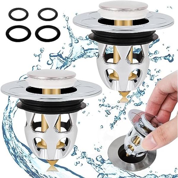 Pop-up vaskepropper, 2 universelle vaskepropper med 2 skiver, anti-stop afløbsfilter, køkken- og badeværelsesafløbspropper (34-40mm)