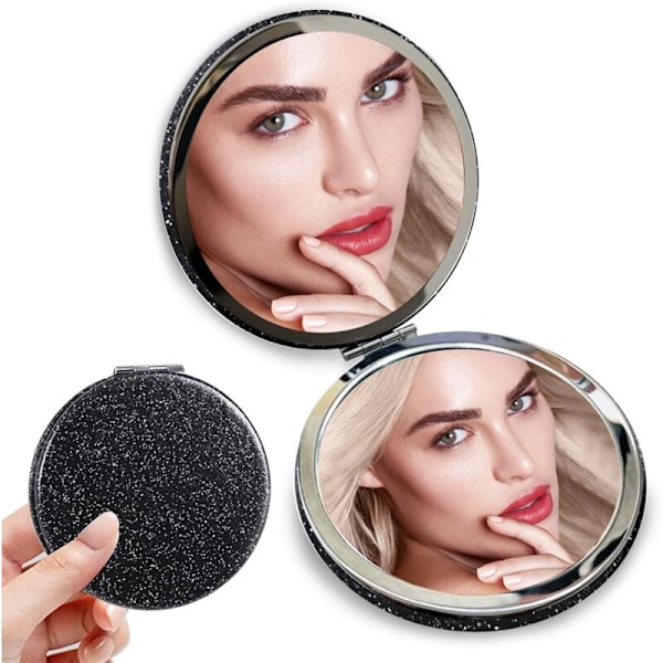 2 stk. spejl lomme makeup pu, mini dobbeltsidet foldespejl til rejser, professionelle ture (rund sort)