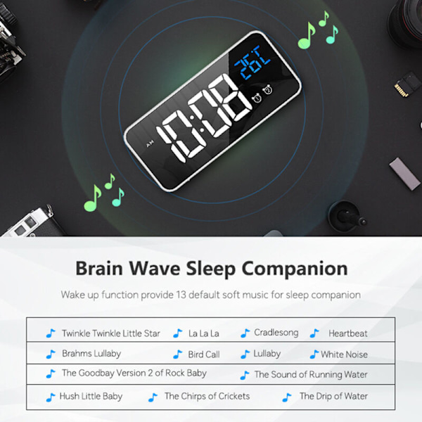 LED digital väckarklocka för sovrum, elektronisk klocka med termometer, 2 alarm, snooze-funktion, 4 ljusstyrkenivåer, spegelklocka, USB-laddning för