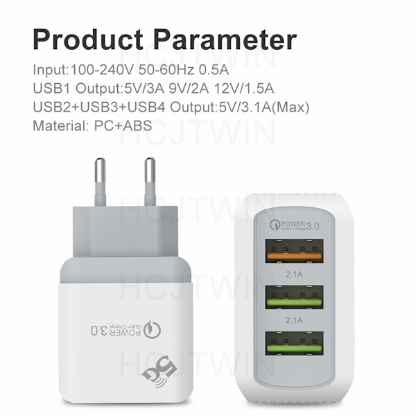 LED 3USB QC3.0 mobiltelefon hurtiglader lader multi-port ladehøve europeisk standard