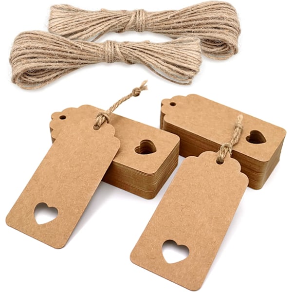 Kraft-paperiset lahjatägit 9x4.5cm, 100 kpl juuttinarulla, häihin, ystävänpäivään, syntymäpäiville, jouluun (ruskea)
