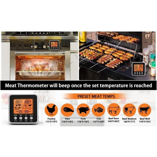 Digital Utomhus Kötttermometer BBQ Ugnstermometer med Stor LCD-Skärm för Kök