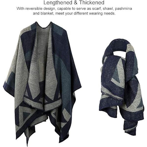 Dam varm öppen framsida kofta snygg elegant stickad höst ull spunnen rutig tröja fleece halsduk jacka(blå)