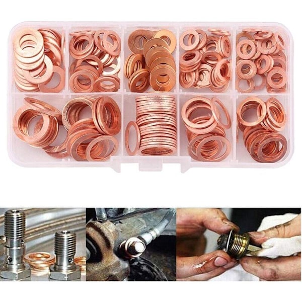 150st Kopparbricka Avtappningspackning Sortimentslåda M5, M6, M8, M10, M12, M14, M16, M18, M20, M22, 15 Storlekar, Platt Bricka för Skruvtätning Tätningsringar