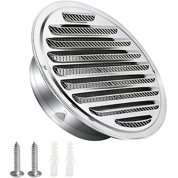 100 mm ventilationsgaller i rostfritt stål med skruvar och ankelsskydd mot lamellväder med myggnät och slinga för rund luftutsläpp
