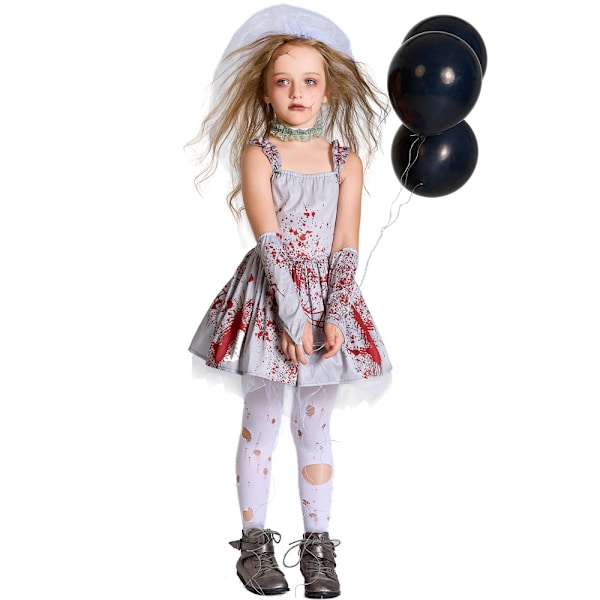 Halloween-kostym för barn skräck grå blodfläckad spökbrud maskeradklänning