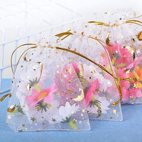 100 stk. Organzaposer (9 * 12 cm) Sukkerpose Smykkeposer Slikposer Stjerne Måne Mønster Hot Printing til Fest Bryllup Slik Chokolade Jul Fødselsdag