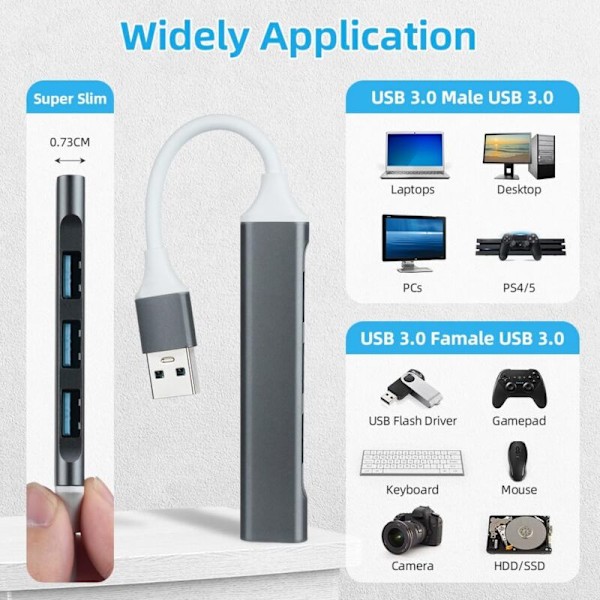HUB USB 3.0 4 Portar, Data Hub USB Ultra tunn, USB 3.0 Höghastighetsdataöverföring för MacBook, USB-minnen, PC-notebook, bärbar, externa hårddiskar, e