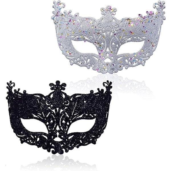 2 stk. maske til maskerade, sort filigran og sølv filigran fest fancy julemaske masker til maskeradebal