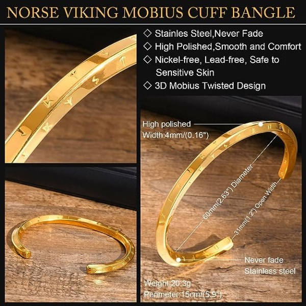 (Gull 60mm) Nordisk Viking Smykker Nordiske Menn Armbånd Beskytter Mobius Mansjett Armbånd, en bursdagsgave til far/mann/bror/sønn/venn