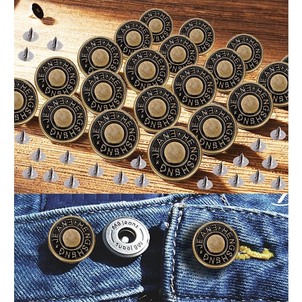 (20 sett 17mm) Avtakbare knapper for jeans-knapperstatning Trykknapper Justerbare jeans-knapperstatning Jean-nåler for justerbar knapp for jeans