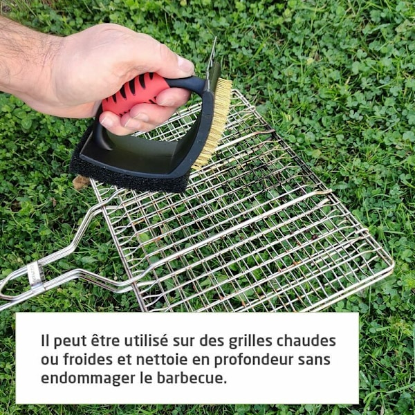 Rengjøringsbørste for grill 3 i 1 børste, skrape og skuresvamp for griller og kull, gass eller elektriske rister. Mål: 16,5 x 7 cm