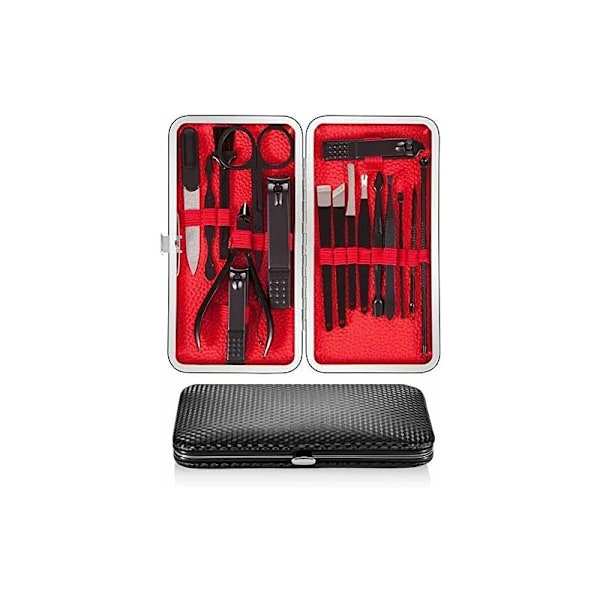 Manikyr Pedikyr Kit, 17 Delars Nagelklippare Reseset Rostfritt Stål Nagelsax, Nagelvård med Läderfodral