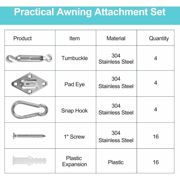 Solfixeringssats i rostfritt stål för solsegel, för trianglar och fyrkanter, rektanglar, solsegeltillbehör