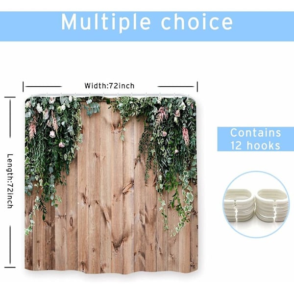 Blomstermotiv og blade - 180 x 180 cm - Dekorativt bruseforhæng i træ med 12 kroge -