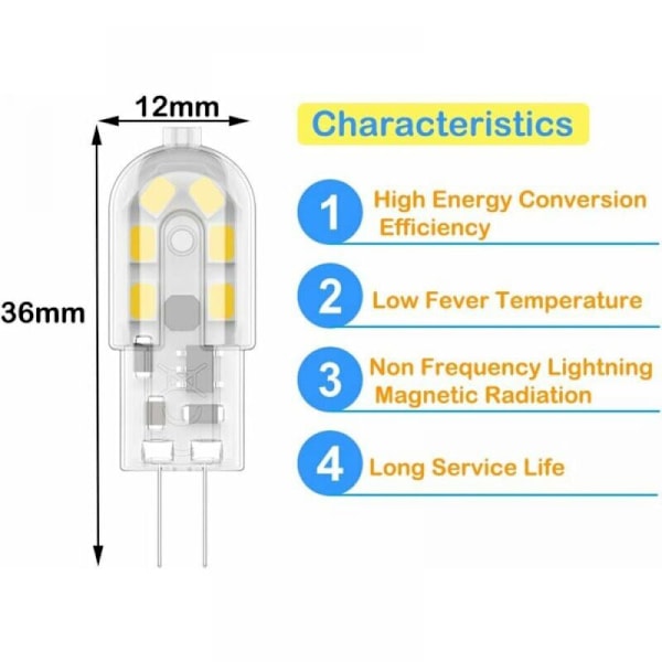 G4 2W LED-lampa, motsvarande 20W halogenlampor, varmvit 3000k, 200lm, 12x SMD, 12V AC/DC - 10 Energiklass A+]