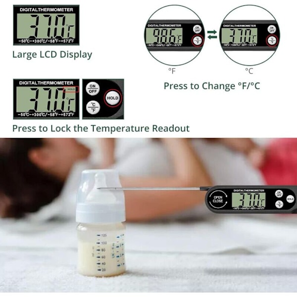 Vikbar digital kökstermometer köttermometer med stor LCD-skärm och vikbar sond för grillning bif kött stek vin-b