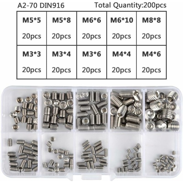 200 stk. innvendige sekskant skruer i rustfritt stål, sett med metriske profesjonelle metalltilbehør M3 M4 M5 M6 M8