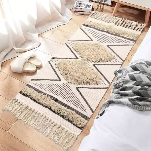 Tuftet bomullsmatte - Vaskbar med pompom - Vevd geometrisk teppe - Bohemsk teppe for vaskerom / soverom (Beige, 60\"