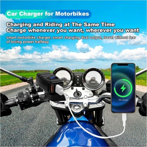 Vanntett motorsykkel USB-lader, Dobbel USB/QC3.0 Dobbel billader, USB Motorsykkel Hurtiglading med bryter og LED voltmeter
