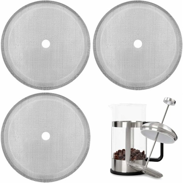 Pakke med 3 filtre med ekstra sigter til stempelkande, genanvendelige rustfri stålnetfiltre til franske stempelkaffemaskiner på 1000 ml / 34 oz /