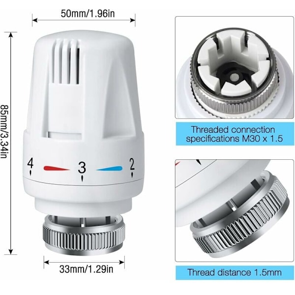 Sett med 4 radiatortermostater, radiatortermostat TRV m30 x 1.5, termostatisk radiatorventil, radiatorventil for hjemme- og kontorvarmesystem