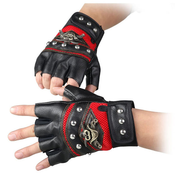 Herre Retro Pure Læder Kaptajn Fingerløse Cykelhandsker Steampunk Gotiske Handsker (Rød)