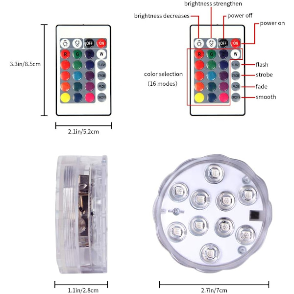 4-pack undervattensfontänlampor, spa-lampor, trådlös infraröd LED-belysning för vasbas, blommor, akvarium, pool, damm, bröllop, fest, badkar